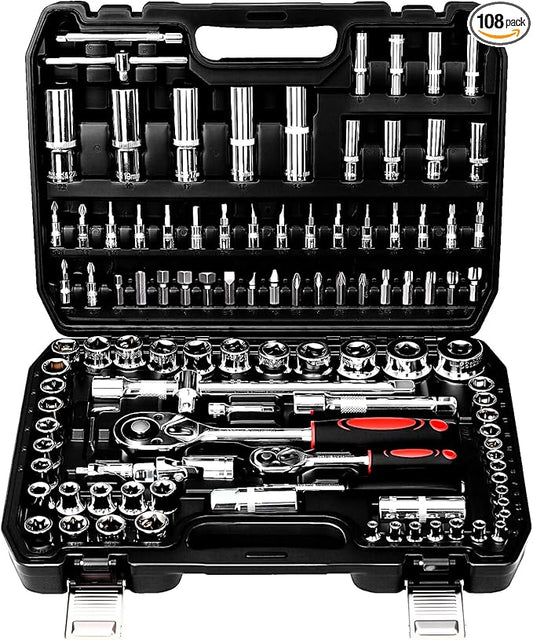 TLGREEN 108 Pcs Mechanic Socket Tool Kit,CR-V Steel Metric And 1/4" & 1/2" Ratchet set,Universal Joint,Extension Bars,Adapter,Quick Release Ratchet Wrench,Tool Box Set for Car Garage Dorm