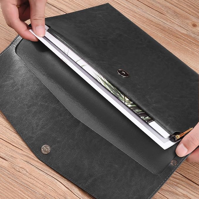 PU Leather A4 File Folder Document Holder Envelope Folder Case with Snap Closure for Receipt Contract Black&Brown