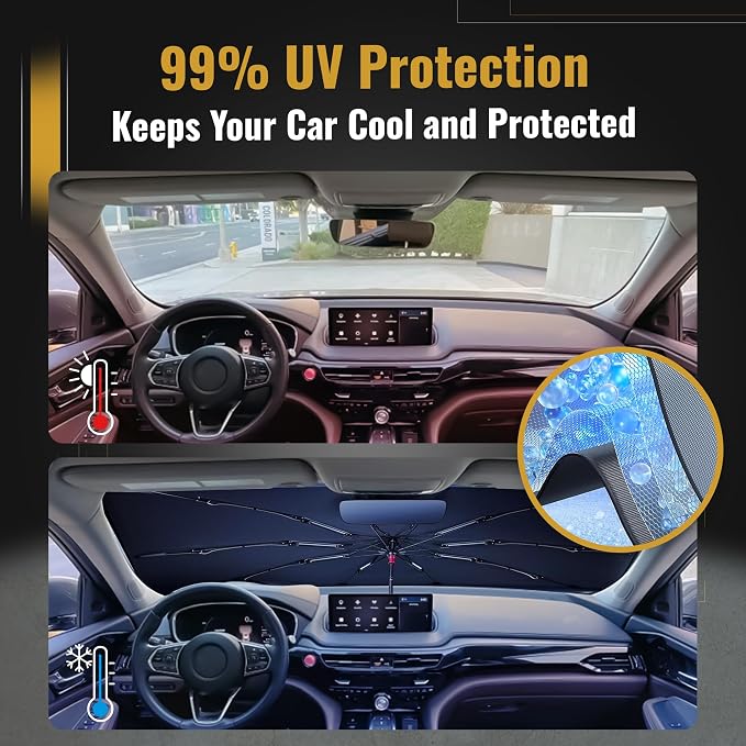 Leather Car Seat Gap Filler - Car Organizer with Windshield Sun Shade Foldable Umbrella UV Protection - Universal Fit - Car Interior Accessories (Black)