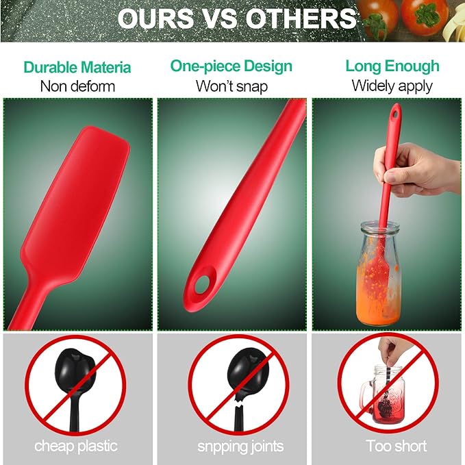 Patelai 2 Pieces Silicone Jar Spatula with Long Handle Heat Resistant Kitchen Scraper Spatula Non Stick Rubber Silicone Scraper for Jam Smoothies Blenders Cooking Baking Stirring (Red)