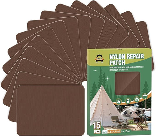OAZ 15 Pieces 3.5 x 4.7 inch Nylon Repair Patches Nylon Fabric Patch Self-Adhesive Tent Repair Tape Waterproof Lightweight Repair Patches Repair Patch Kit for Clothing Down Jacket Bag (Brown)