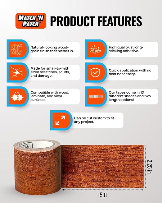 MATCH 'N PATCH Wood Grain Repair Tape - Mahogany, 2.25 in x 15 ft (1-Pack) – Wood Grain Colored Duct Tape for Mirror Frame, Trim, Borders, Floor and Other Furniture, Scratch Repair Kit