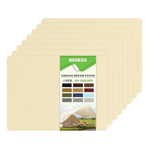 Besezx Canvas Repair Patch,Outdoor Gear Patch, 7.87x5.9 Inches 8PCS,Waterproof Self-Adhesive Fabric Repair Tape for Repairing Boat Covers,Sun Shades,Sofas,Tents,Lounge Chairs,Awnings (Beige)