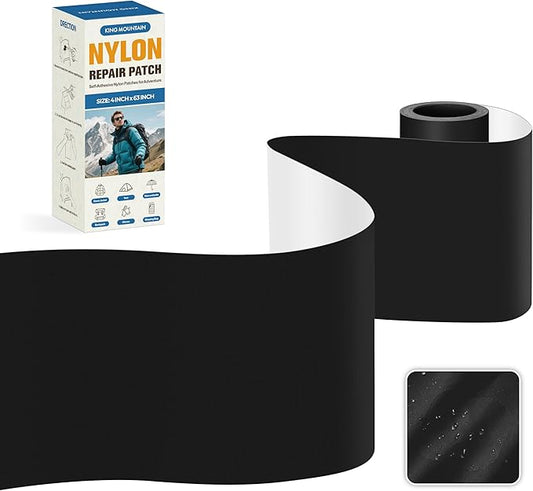 KING MOUNTAIN Self Adhesive Nylon Fabric Repair Tape, 4×63 Inches, Quick Down Jacket Repair Patch, Waterproof Outdoor Gear Patch Kit for Tent,Backpacks,Umbrella, Gloves, Sleeping Bag (Black）