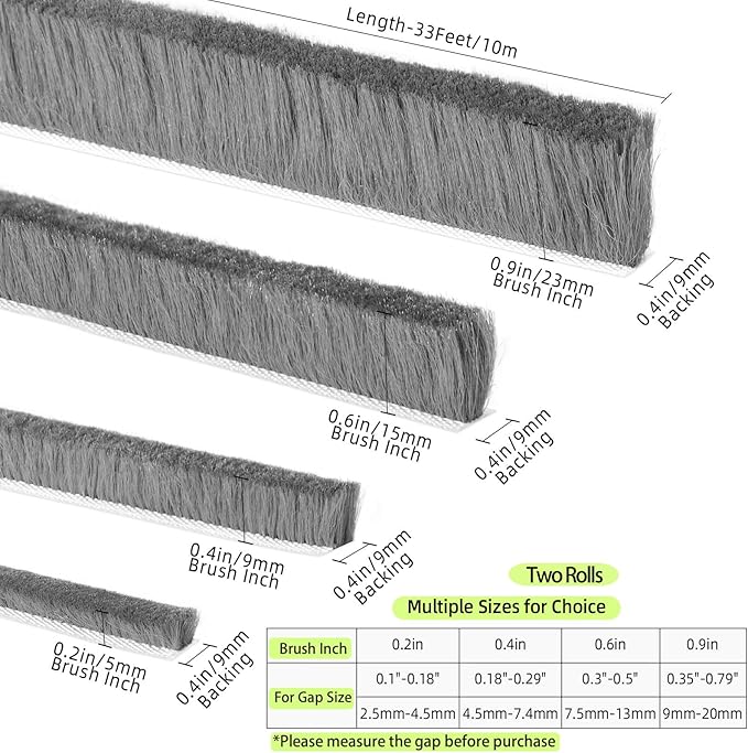 ZOMPAGO Strong Adhesive Brush Weather Stripping 2 Rolls 0.2in (T）x 0.4in (W) x 33FT, Door Seal for Sliding Windows & Doors,Soundproof Noise Blocker,Draft Stopper for Garage Door Frame & Exterior Doors