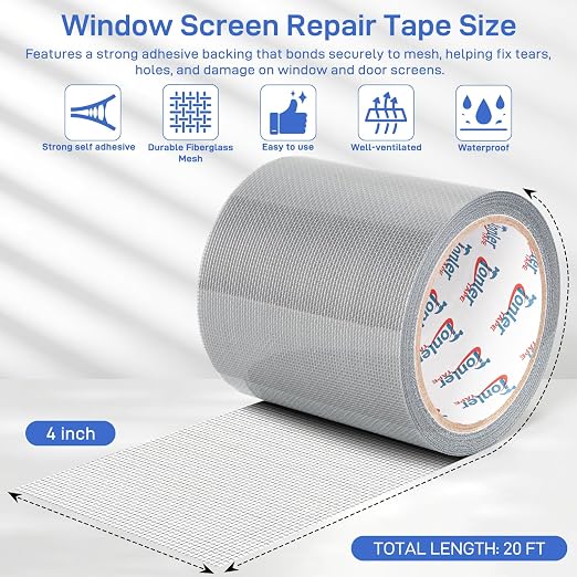 Window Screen Repair Tape 4 in x 20 FT Fiberglass Strong Adhesive Screen Patch, Waterproof Mesh Repair Kit for Window & Door Screen Holes Tears - Gray