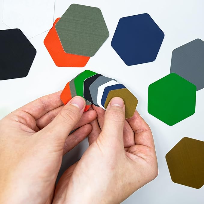 GEAR AID Tenacious Tape Hex – 2.5” & 1.5” Repair Patches (4 Patches: Two 2.5” & Two 1.5”, Clear/Black) – Peel-and-Stick Outdoor Nylon Fabric to Fix Holes and Burns in Down Jackets, Rain Gear and Tents