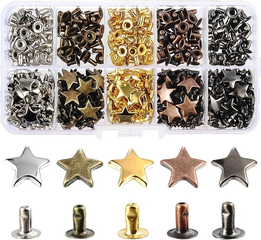 200 Sets 12MM Mixed Color Star Rivets for Leather Star Rivet Studs Kit Garment Rivets Leather Rivets Studs and Spikes for Leather Craft Clothing Bags Belts Dog Collar Shoes DIY Rivets 15/32 Inch