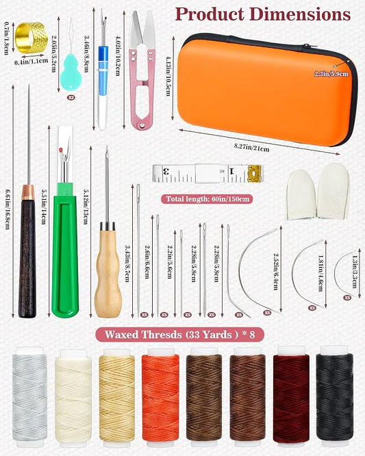 PLANTIONAL 8 Colors Waxed Thread Leather Sewing Kit, 47 Pcs Upholstery Repair Kit with Waxed Thread, Sewing Awl, Hand Stitching Needles, Leatherworking Tools for Car Seats, Sofa, Shoes, DIY Craft