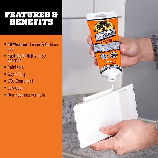 Gorilla Heavy Duty Construction Adhesive, White Glue, 7 Ounce Squeeze Tube (Pack of 1) - Gap Filling and Waterproof