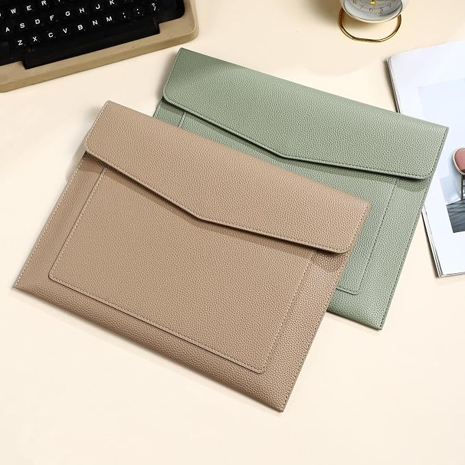 A4 Large Capacity Document Bag, Premium PU Leather File Holder, Multi-Color, Double-Layer Design, 13.39 x 10.04 Inches (Apricot)