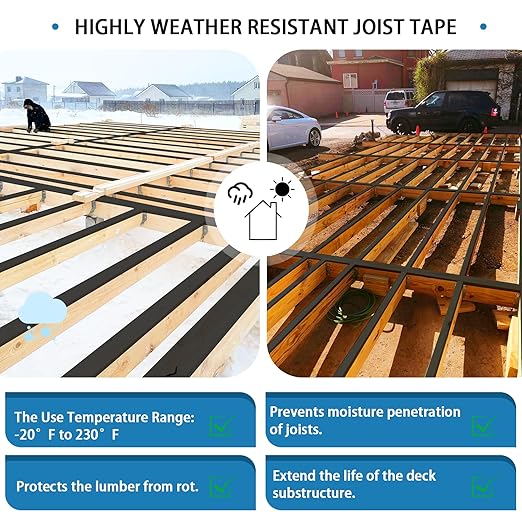 Deck Joist Tape 6''×50', 1 Pack Weather-Resistant Joist Tape for Decking, Waterproof Seal Antiseptic Butyl Decking Tape,Self-Adhesive Flashing Joists Tape for Wood Decks Beams Roof