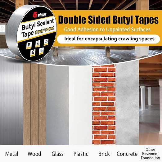 Bghdas - 2 Pack Butyl Sealant Tape 2" X 90' - Double Sided - Black Vapor Barrier Butyl Tape for Wall of Crawl Space, Rv Windows, Deck Boat, Crawlspace (Waterproof, Weatherproof)