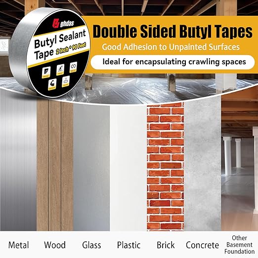 Bghdas - 6 Pack Butyl Sealant Tape 2" X 90' - Double Sided - Black Vapor Barrier Butyl Tape for Wall of Crawl Space, Rv Windows, Deck Boat, Crawlspace (Waterproof, Weatherproof)