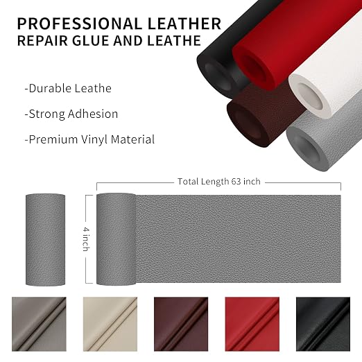 DOCAS Leather Repair Patch Tape Self Adhesive 4x63 inch, Cuttable Leather Repair Tape for Furniture, Vinyl Repair Kit for Car Seats, Upholstery, Couch, Sofa, Bags, Books, Chair, Dark Gray