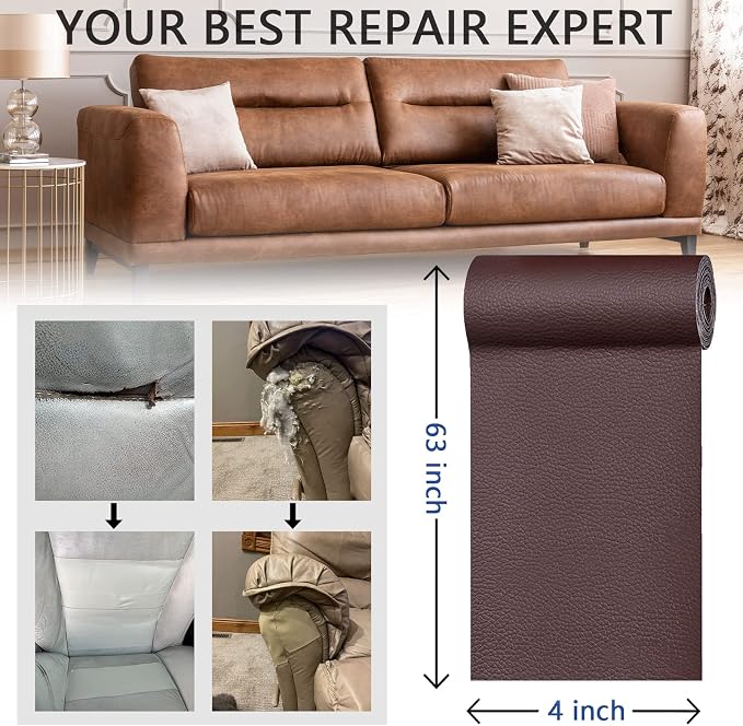 YAFLC Leather Repair Patch for Furniture, 4" x 63" Self Adhesive Leather Repair Kit Vinyl Repair Tape for Car Seat Sofa Jackets Couches Chair Brown
