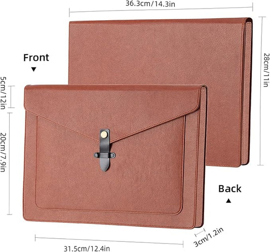 Brown PU Leather Thick File Folder, Snap Closure File Organizer, Thickened Important Document Folder with Pockets, Document Organizer, Laptop Sleeve Notebook Case, A4 Envelopes Filing Folder
