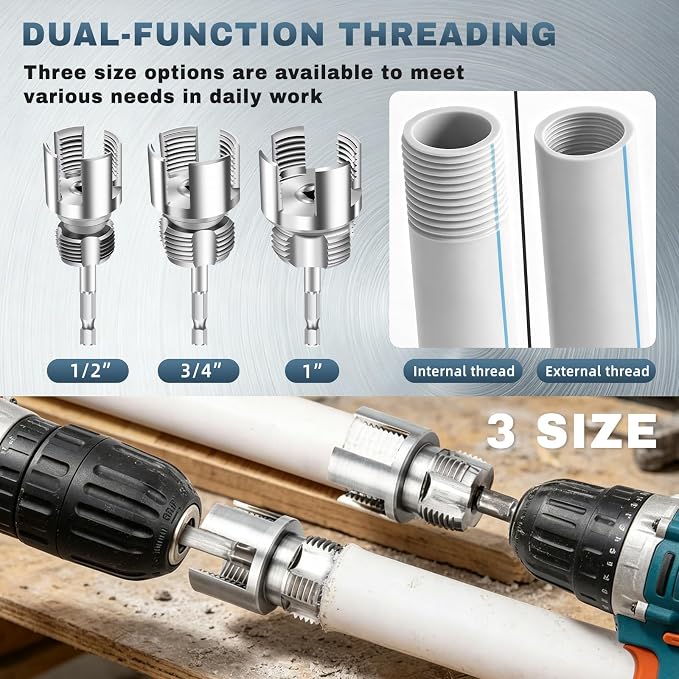 3Pcs Internal & External Pipe Threading Tool Set, 1/2" 3/4" 1" PVC Plastic Pipe Threader Kit, Electric Drill Compatible Thread Cutting Tool for Plumbing Repair & Household DIY Projects