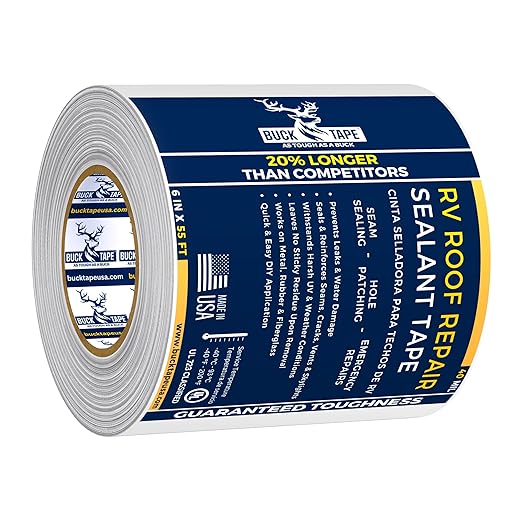Buck RV Roof Sealant Tape – 6 Inch x 55ft, 40 Mil – Waterproof RV Tape for Roof Repair, Seams, Skylights, Vents & Window Leaks on Camper, Trailer & Boat, UV Resistant & Weatherproof, White, 1 Pack