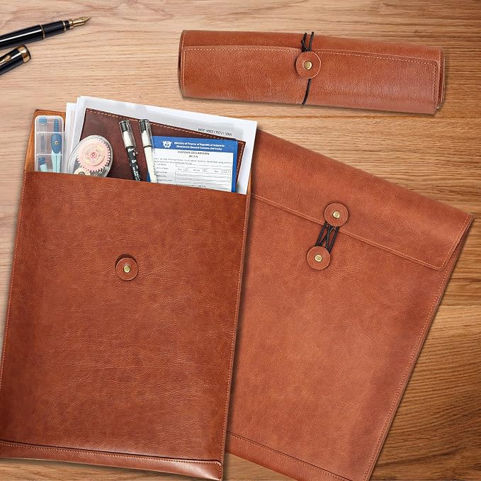 Grey PU Leather File Folder for Documents,Important Document Folder with String Tie,Laptop Sleeve Notebook Case,Leather File Organizer,A4 Envelopes Filing Folder