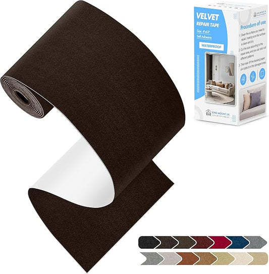 KING MOUNTAIN Couch Fabric Repair Patch, Fabric Patches for Furniture, 4" x 63" Waterproof Velvet Repair Tape for Sofas, Car Seats, Furniture, Upholstery Fabrics and Velvet Goods. （Dark Brown）