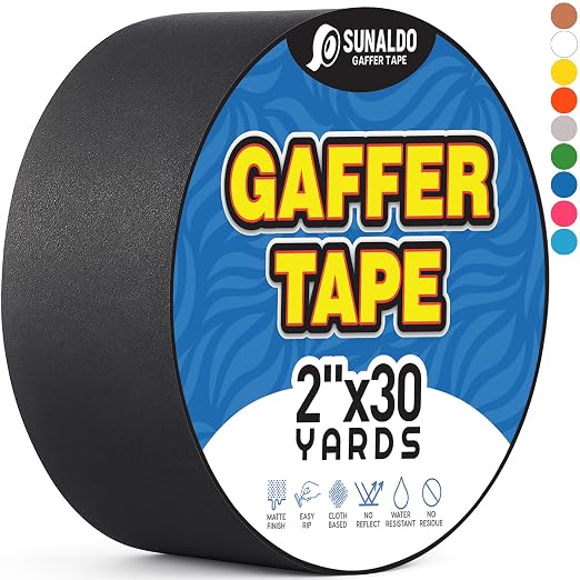 Gaffers Tape Heavy Duty, Easy to Rip, Residue-Free Professional Grade Floor Tape for Electrical Cords, Matte Finish Non Reflective, Weather Resistant (1, Black, 2" x 30 Yards)