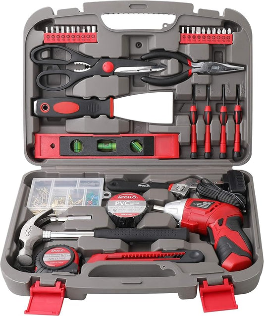 Apollo Tools 135 Piece Household Tool Set with Pivoting Dual-Angle 3.6 Volt Lithium-Ion Cordless Screwdriver – Includes Most-Needed Tool Selection and Hanging Assortment- Red - DT0773