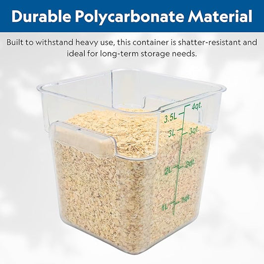 FSE Square Food Container, 4 Quart, Polycarbonate, Reusable, Clear, NSF, (LID SOLD SEPARATELY)