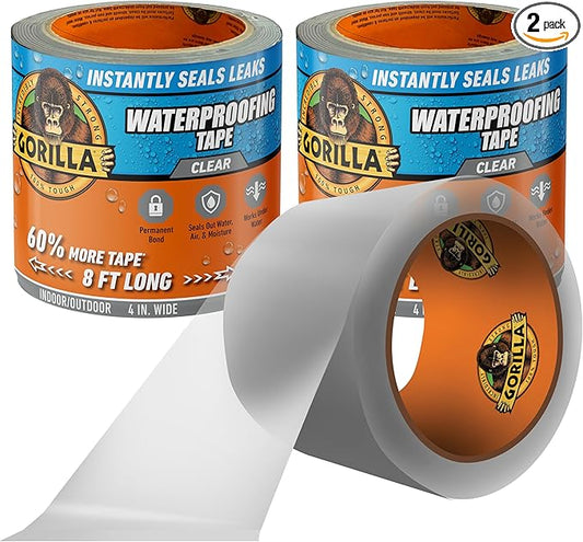 Gorilla Waterproof Patch & Seal Tape, Clear Tape, 4" x 8' (Pack of 2) - Permanent Weather Resistant Seal for Leaks and Repairs