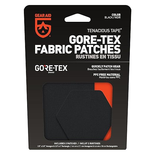 GEAR AID Tenacious Tape Gore-TEX Fabric Patches for Waterproof Jacket & Rain Gear Repair, Black, 2.5” x 2.8” Hex & 2.5” x 4” Rectangle, 2 Patches