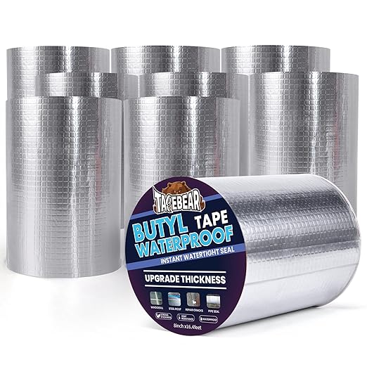 TAPEBEAR 9Rolls Extra Thicker Butyl Tape Waterproof 8inch x16feet, 51mil Aluminum Butyl Sealant Tape, Duct Sealing Adhesive for RV Roof Repair, Boat and Pipe Sealing, Metal, Roof Leak Patching