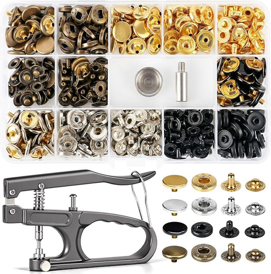 Alritz 100 Sets Leather Snap Fasteners Kit with Press Pliers, 12.5mm Metal Button Snaps Press Studs with 4 Setter Tools for Clothes, Jackets, Jeans Wears, Bracelets, Bags