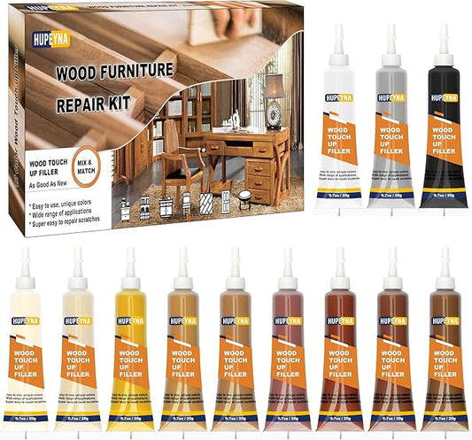 Hupeyna Wood Furniture Repair Kit, 12 Colors Wood Repair Kit, Wood Touch up Fillers, Repair Scratch, Cracks, Discoloration for Wooden Cabinet, Floor, Door, Table Surfaces Wood Filler Paint