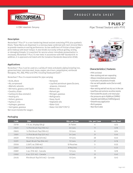 RectorSeal T Plus 2 23391 Pipe Thread Sealant, Non-Hardening, Synthetic Fibers, Contains No Other Metals, PTFE Enriched, Plumbing, 1 Quart