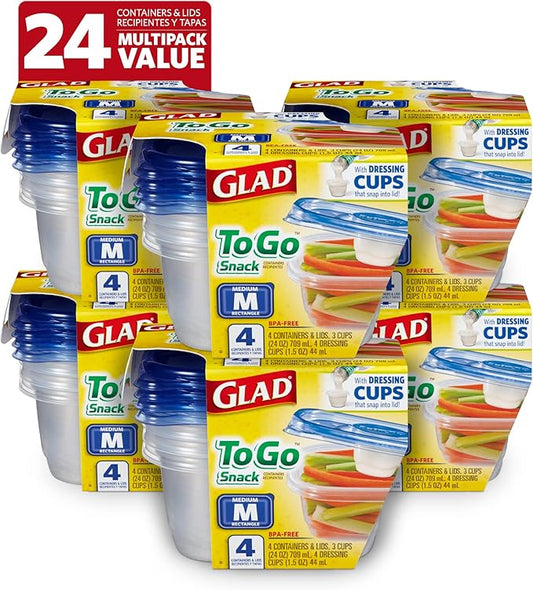 Glad GladWare To Go Snack Food Storage Containers with Lids, Medium Rectangle BPA Free Plastic with Built-In Dressing Cup for Salads and Snacks, Microwave Dishwasher Safe, 24 Oz, 4 Count - 6 Pack