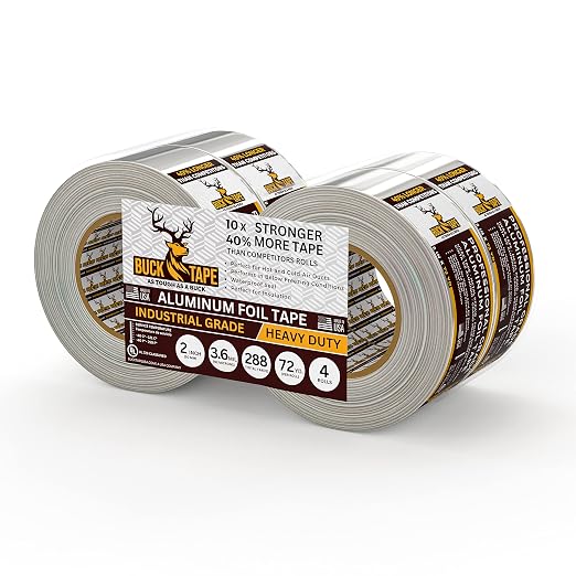 4 Pack Buck Aluminum Foil Tape – 2 Inch x 216ft (72 yd), 3.6 Mil – HVAC Tape for Ductwork, AC, Dryer Vents & Insulation – Silver Foil Tape for Metal Repair, Exhaust Sealing & Air Conditioning