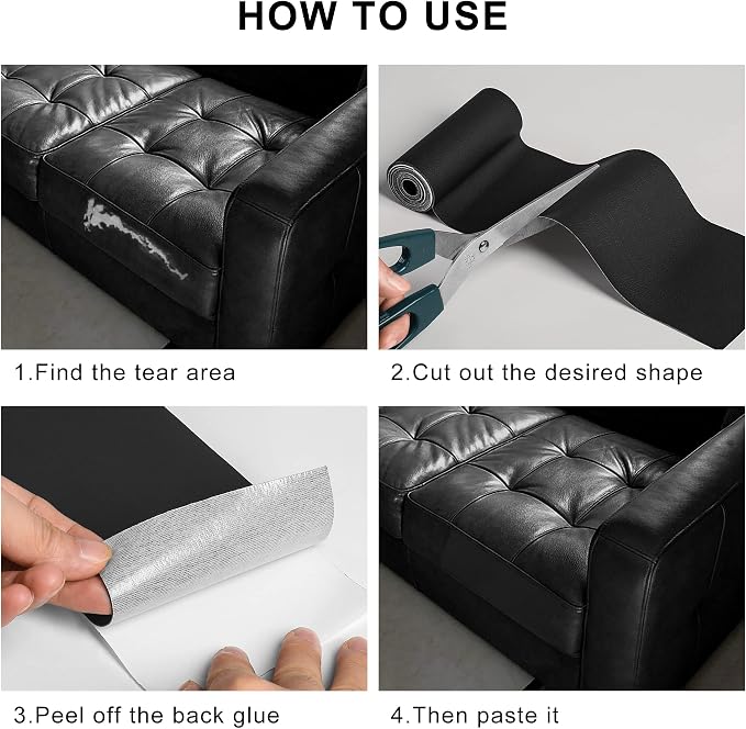 YAFLC Leather Repair Patch for Furniture, 4" x 63" Self Adhesive Leather Repair Kit Vinyl Repair Tape for Car Seat Sofa Jackets Couches Chair Black