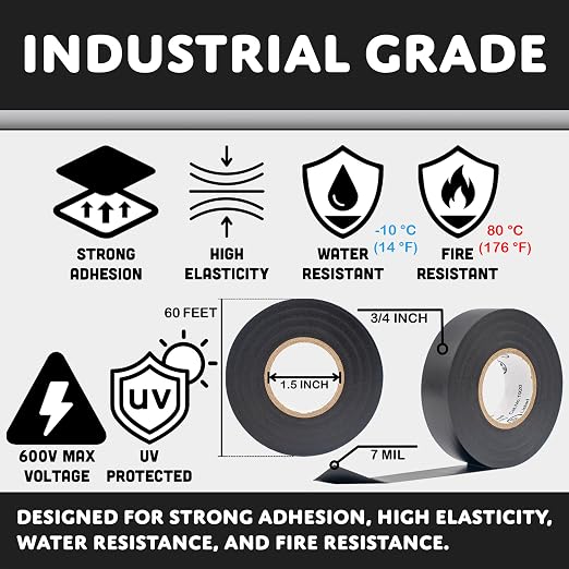 TradeGear Gray 1 Pack - UL Listed Colored Electrical Tape, 60 ft x 3/4 in, 600V, Flame Retardant, Waterproof, Rubber Adhesive - Phase Marking, Wire ID, Automotive