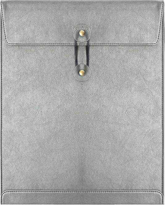 Grey PU Leather File Folder for Documents,Important Document Folder with String Tie,Laptop Sleeve Notebook Case,Leather File Organizer,A4 Envelopes Filing Folder