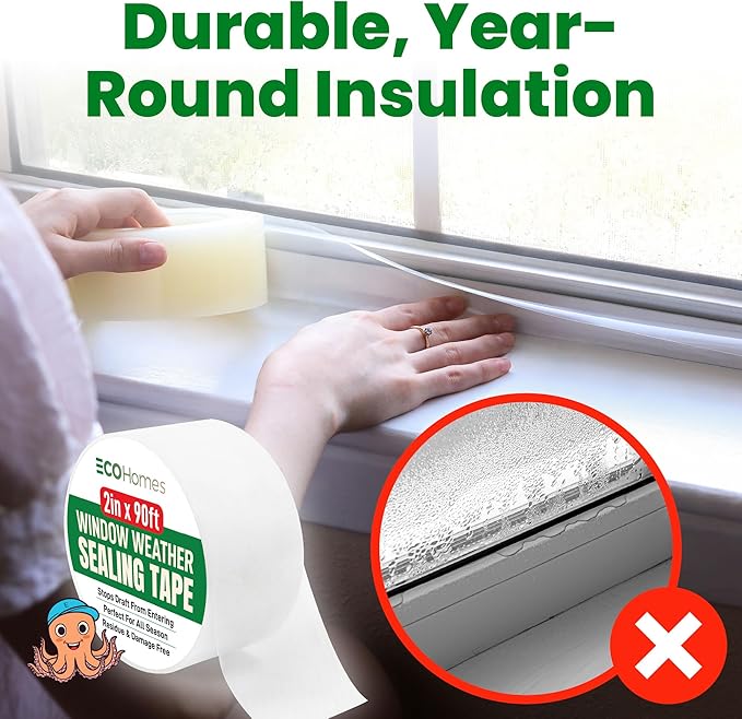 ECOHomes Window Weather Sealing Tape | Winter Weather Stripping Tape to Block Cold Drafts Through Window Gaps and AC Units, Insulation Seal and Draft Blocker for Home (6 Inch by 90 FT, Clear)