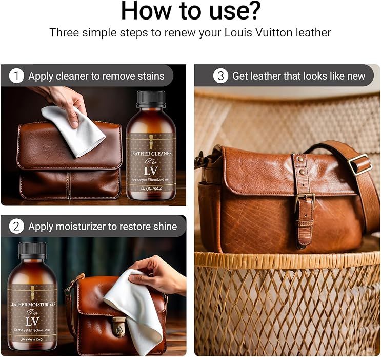 Leather Cleaner & Moisturizer Set for Louis Vuitton, Shine Your Louis Vuitton and Smell New, Gently Soften and Rejuvenate Vachetta Leather, Remove Stains & Cover Minor Scratches for All Luxury Brands