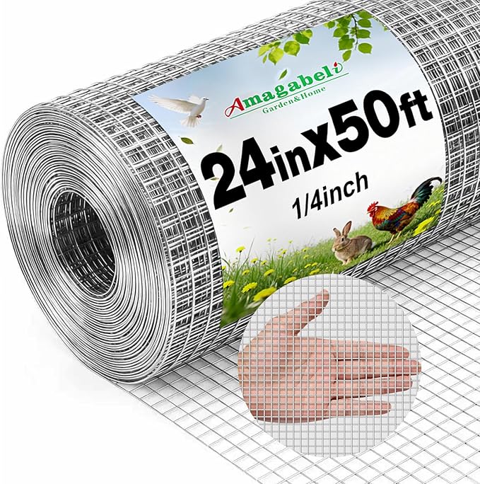 Amagabeli Galvanized Hardware Cloth 1/4 inch 24inx50ft 23 Gauge Chicken Wire Fence Welded Wire Mesh Roll Plant Supports Poultry Netting Garden Bed Animal Cage Snake Rabbit Wire Gopher Rodent Proof