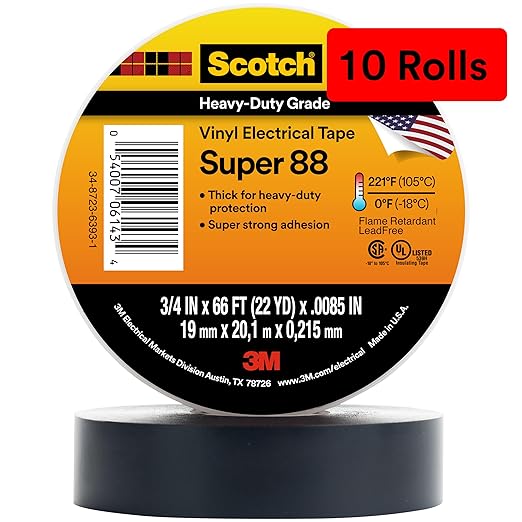 3M Scotch Vinyl Electrical Tape Super 88, 3/4 in x 66 ft, Black, 10 Rolls, Premium Grade, Rubber Resin Adhesive, PVC Backing, All-Season Heavy Duty Electric Tape