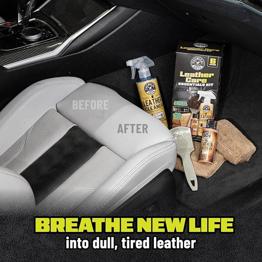 Chemical Guys Leather Care Kit, Cleaner and Conditioner for Car Seats | Complete 6-piece leather cleaning and conditioning kit for car seats, furniture, shoes and bags; genuine or vegan leather