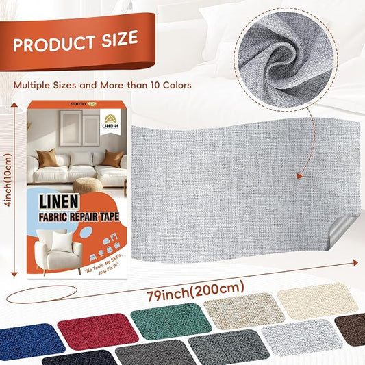 Linen Fabric Repair Tape 4x79 Inch, Self Adhesive Couch Patch Repair Fabric Tape for Furniture, Linen Patch Kit for Couch, Carpet, Upholstery, Chair, Sofa, Pillows, Bag (Coarse, Light Grey)