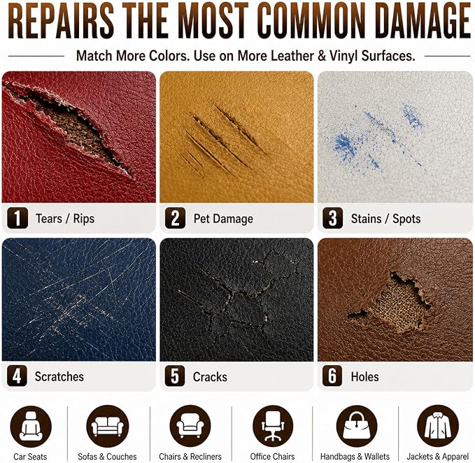 Leather & Vinyl Repair Kit for Car Seat & Interior, Furniture, Couch, Sofa | 10 Colors, No Skills Needed, for Scratch, Tear, Crack, Pet Damage, Hole on Faux Upholstery, Chair, Purse, Shoes, Jacket, RV