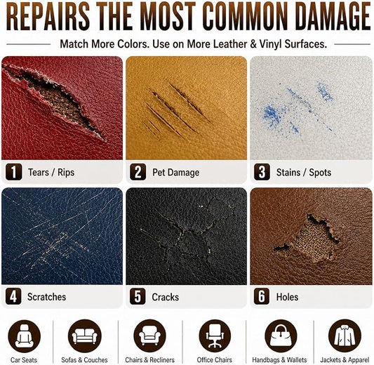 Leather & Vinyl Repair Kit for Car Seat & Interior, Furniture, Couch, Sofa | 10 Colors, No Skills Needed, for Scratch, Tear, Crack, Pet Damage, Hole on Faux Upholstery, Chair, Purse, Shoes, Jacket, RV