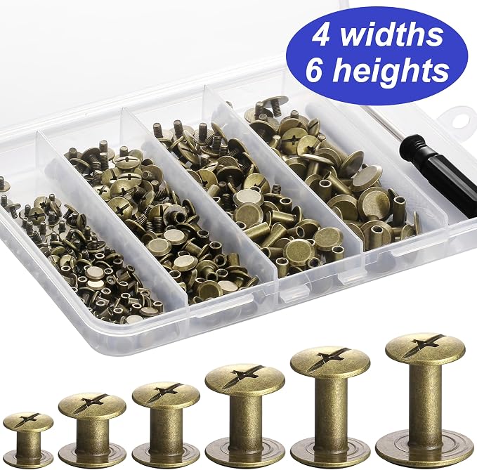 YORANYO 140 Sets Chicago Screws Leather Rivets Kit for Fabric Leather Crafting 6 Sizes Chicago Binding Screws for Decorate and Repair Belt Bag Shoes Purse Pet Collar Clothing Bookbinding (Bronze)