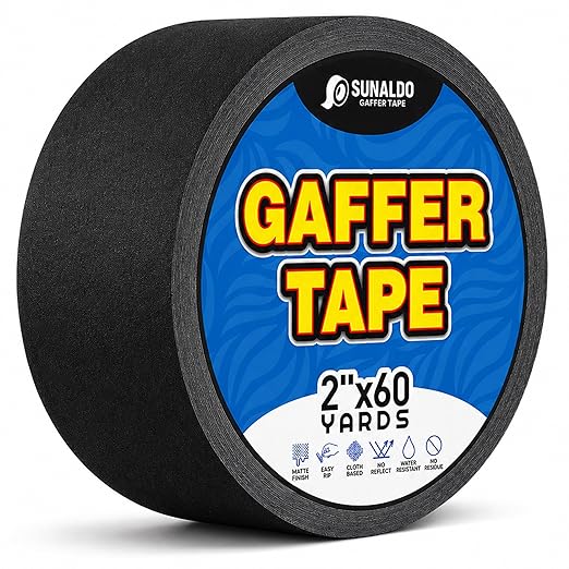 Gaffers Tape Heavy Duty, Easy to Rip, Residue-Free Professional Grade Floor Tape for Electrical Cords, Matte Finish Non Reflective, Weather Resistant (1, Black, 2" x 60 Yards)