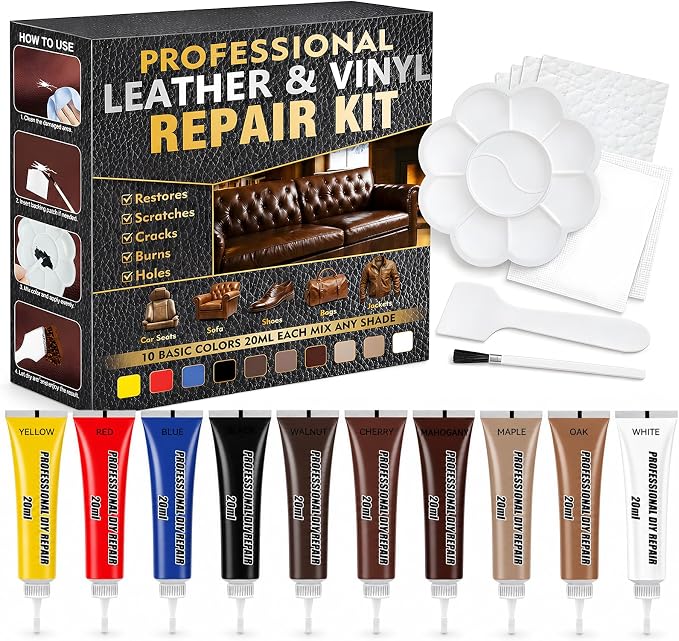 Leather Repair Kit, 10 Colors Vinyl Repair Kit, with Detailed Instructions, Professional Repair Leather Scratch, Tear, Hole, Peeling, Ideal for Car Seats and Furniture, Sofa, Jacket, Shoes, Purse